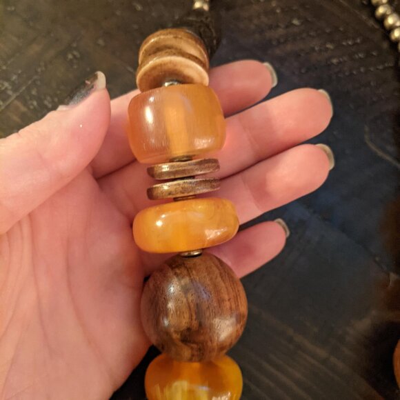 Vintage Amber Resin Wood Beaded Statement Necklace Boho Tribal Jewelry Chunky - Picture 5 of 6